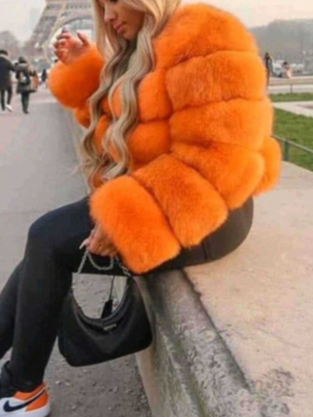 Orange Casual Women's Lapel Collar Block Panel Faux Fur Long Coat - Picture 2 of 3